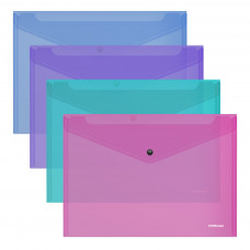Папка-конверт на кнопке пластиковая ErichKrause® Glossy Vivid, полупрозрачная, A4, ассорти (в коробке-дисплее по 24 шт.)